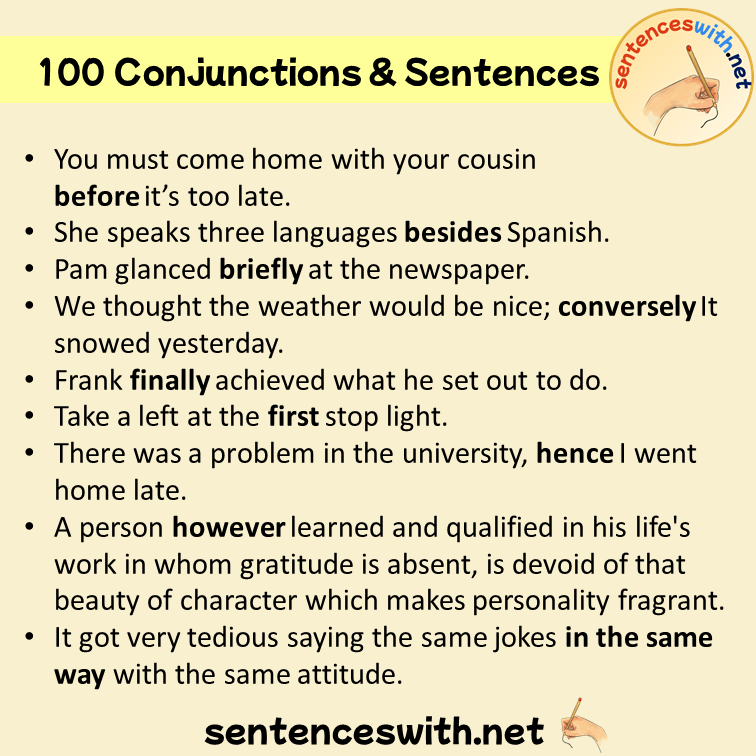 100 Conjunctions List and Example Sentences, Conjunctions in a Sentence