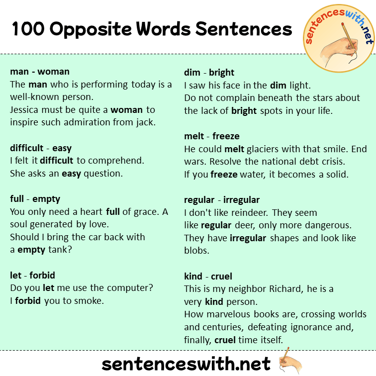 100 Opposite Words List and Example Sentences, Opposite Words Sentences