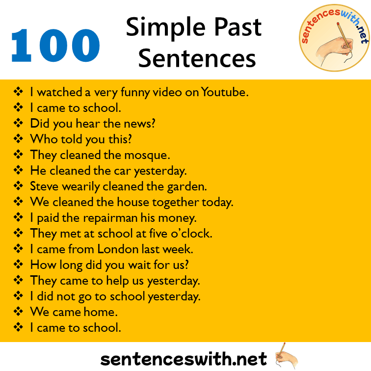 100 Simple Past Sentences Examples, Past Simple Tense Example Sentences