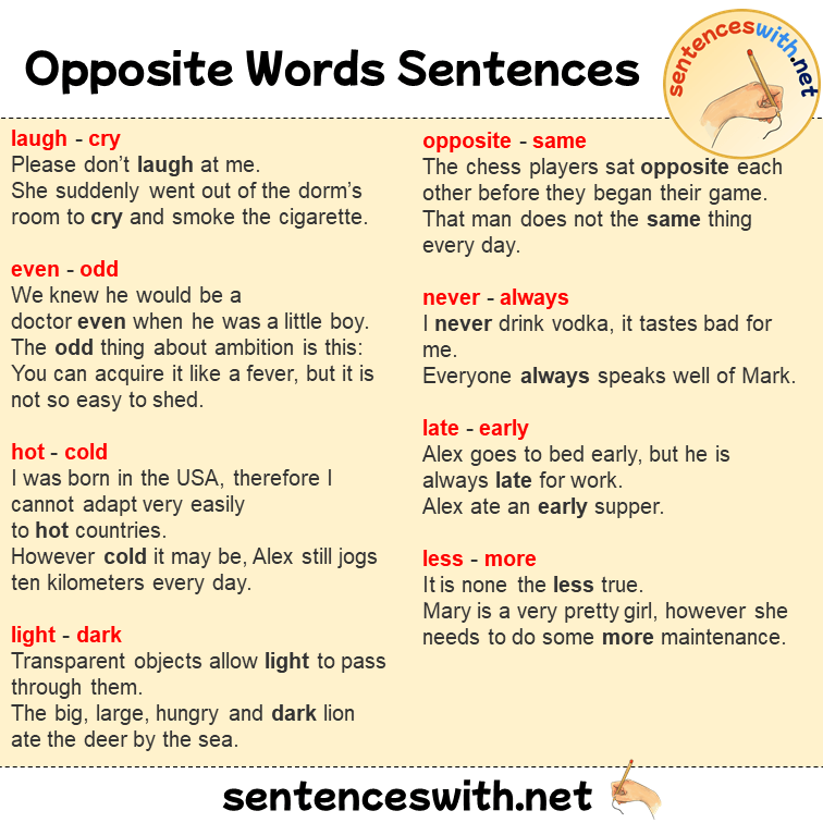 +200 Opposite Words List and Example Sentences, Opposite Words Sentences