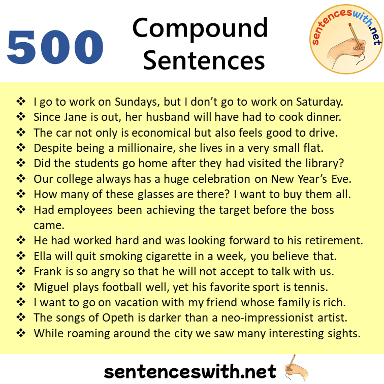 500 Compound Sentences Examples, Compound Example Sentences