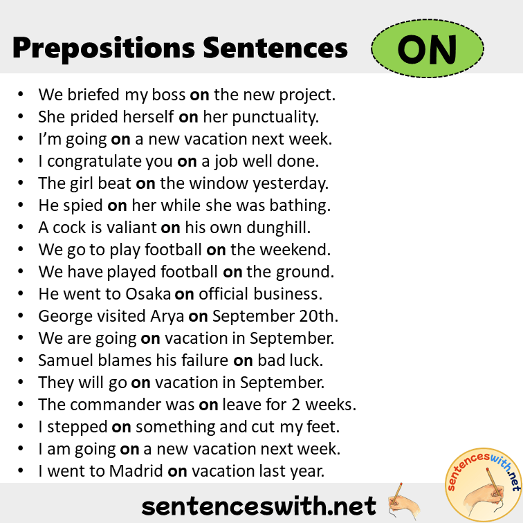 Preposition On Sentences Examples, Preposition On in a Sentence