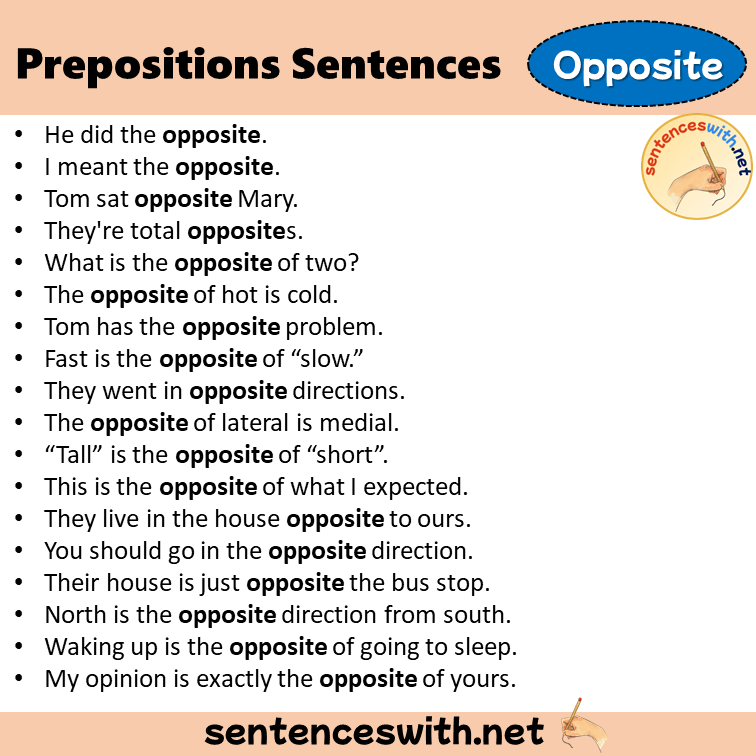 Preposition Opposite Sentences Examples, Preposition Opposite in a Sentence