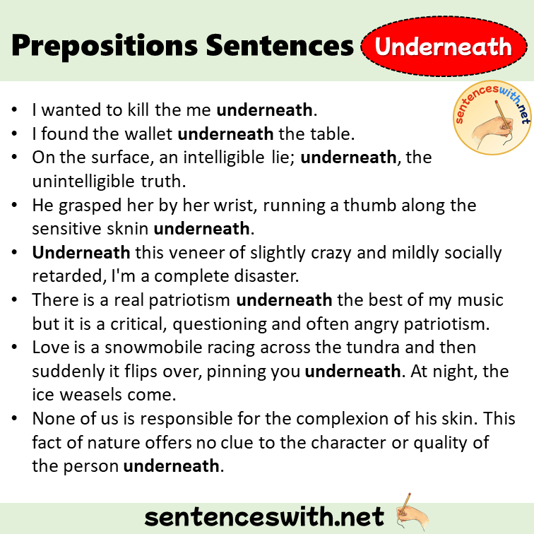 Preposition Underneath Sentences Examples, Preposition Underneath in a Sentence
