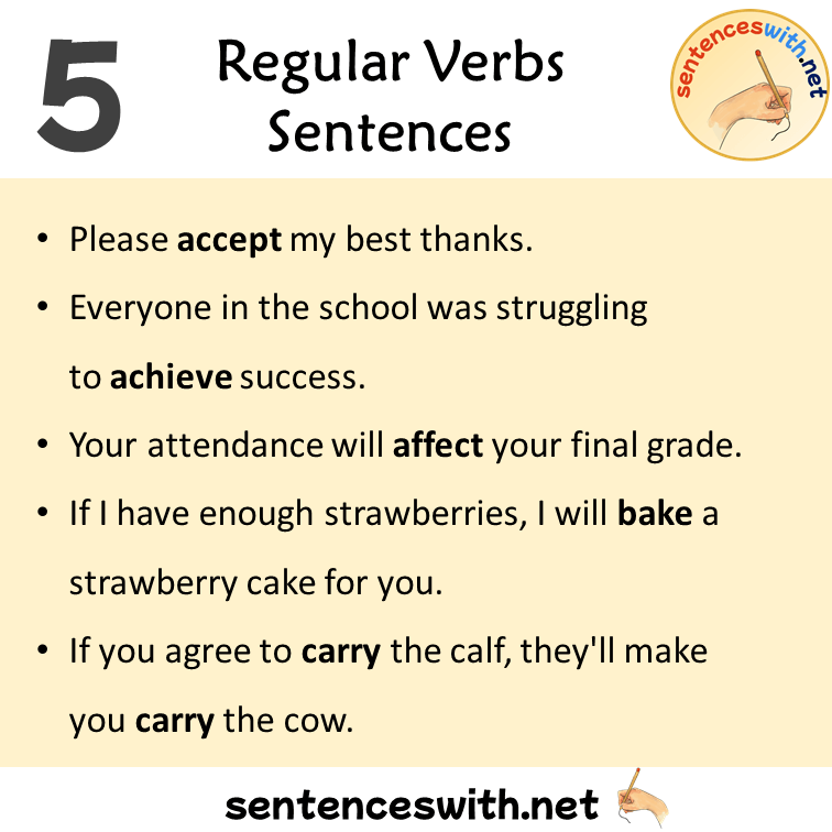 5 Regular Verbs Sentences Examples, Regular Verbs Examples Sentences