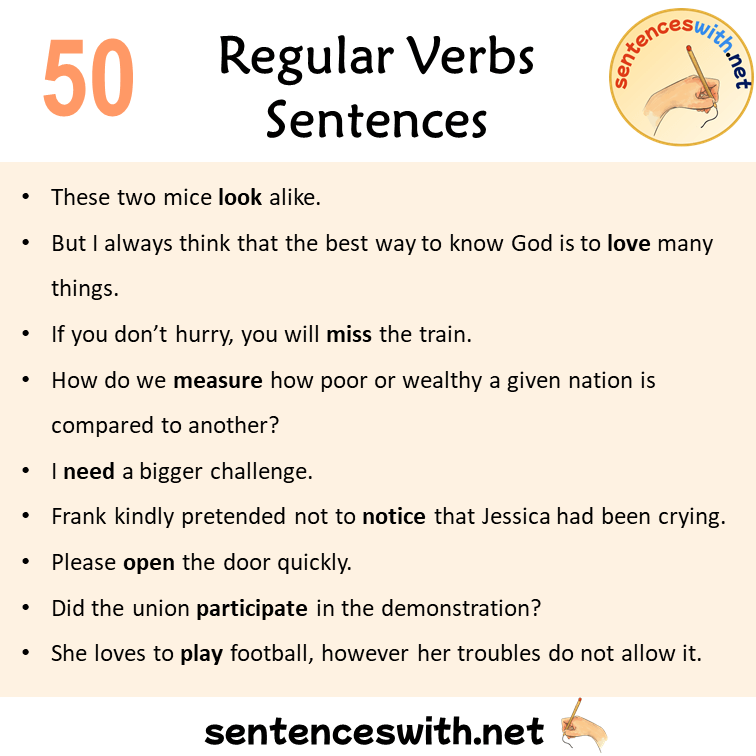 50 Regular Verbs Sentences Examples, Regular Verbs Examples Sentences