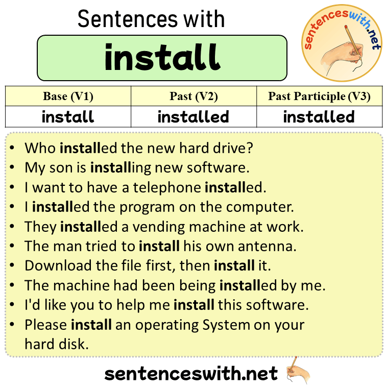 Sentences with install, Past and Past Participle Form Of install V1 V2 V3